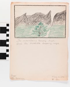 Crayon illustration on paper of mountains with poem below